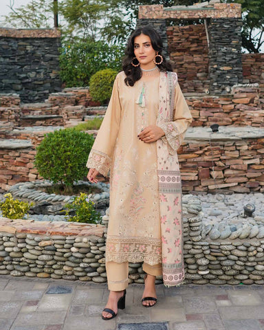 Designer Three Piece | Embroidered - Munira | Luxury Dhanak