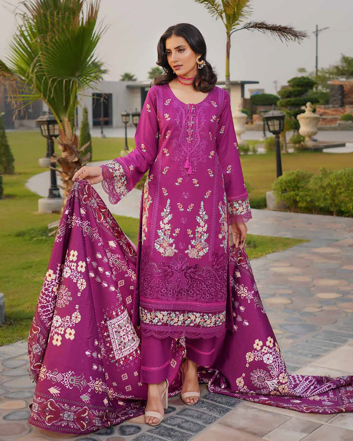 Designer Three Piece | Embroidered - Munira | Luxury Dhanak