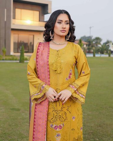 Designer Three Piece | Embroidered - Munira | Luxury Dhanak