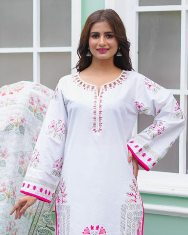 Designer Embroidered Three Piece | Round Ghera | Light Khaddar