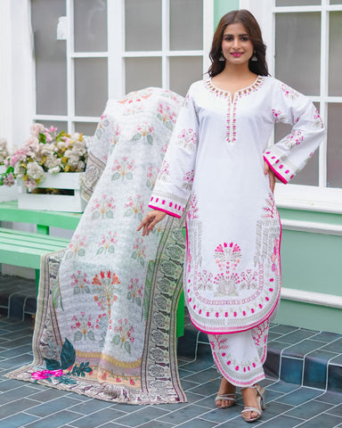 Designer Embroidered Three Piece | Round Ghera | Light Khaddar