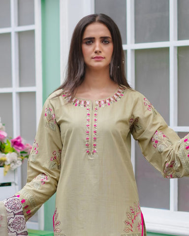 Designer Embroidered Three Piece | Round Ghera | Light Khaddar