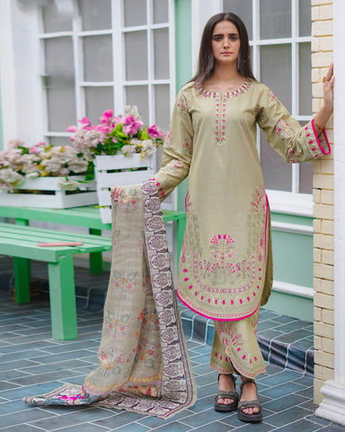 Designer Embroidered Three Piece | Round Ghera | Light Khaddar