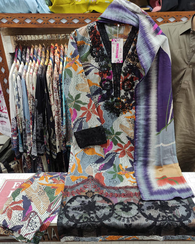 Designer Three Pieces | Digital Printed Embroidered | Lawn