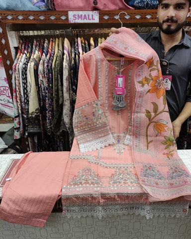 Designer Embroidered Three Piece | Anarkali | Doria Lawn Cotton