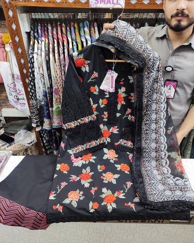 Embroidered Three Piece | Mahrani- Designer | Dobby Lawn