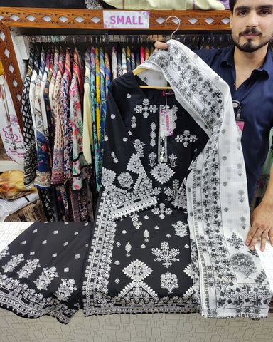 Designer Three Piece | Embroidered Betaab | Dobby Lawn