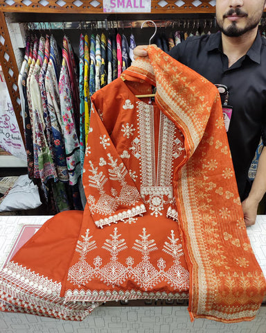 Designer Three Piece | Embroidered Malika | Dobby Cotton