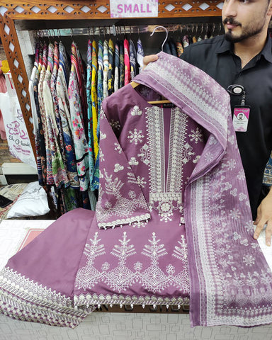 Designer Three Piece | Embroidered Malika | Dobby Cotton
