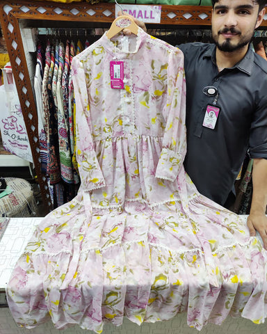 Printed Long Frock | Collar Styled Maxi | Chiffon