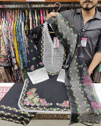 Designer Three Pieces | Embroidered - Titli | Dobby Cotton