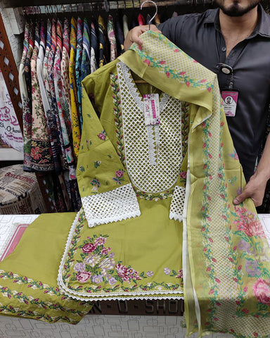 Designer Three Pieces | Embroidered - Titli | Dobby Cotton