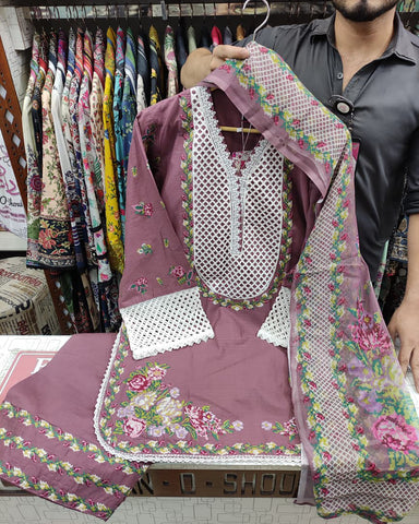 Designer Three Pieces | Embroidered - Titli | Dobby Cotton