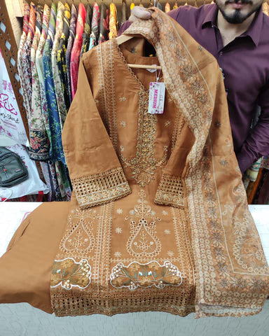 Designer Three Pieces | Inverted Heart | Winter Doria Self Cotton