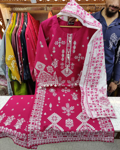 Designer Three Piece | Embroidered Betaab Long | Winter Khaddar