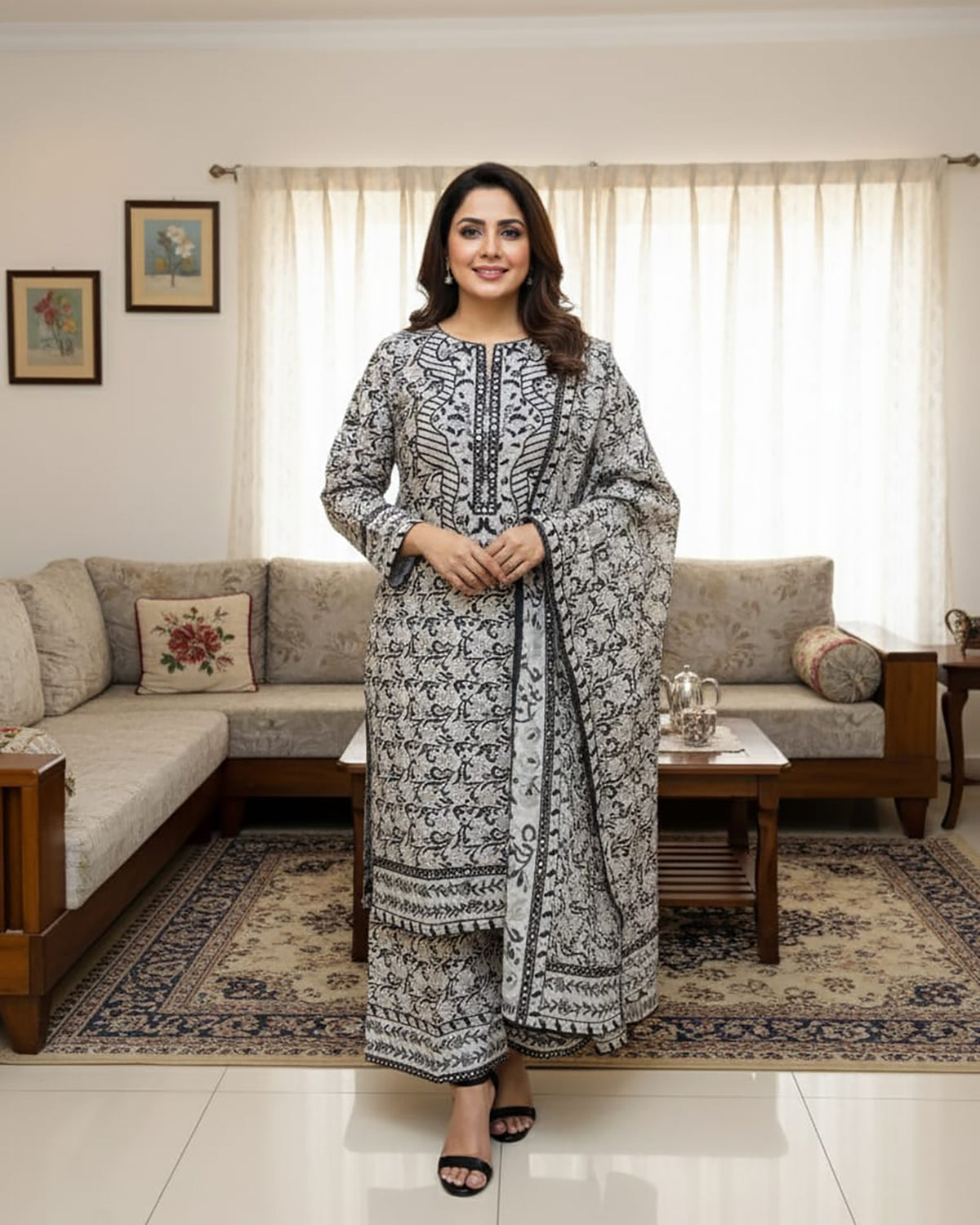 Designer Three Piece | Gray - Winter Special | Corduroy Khaddar