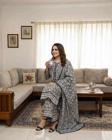 Designer Three Piece | Gray - Winter Special | Corduroy Khaddar