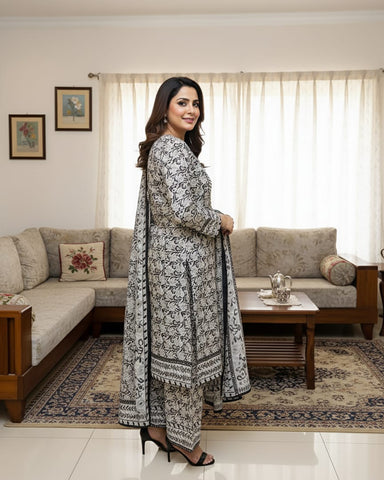 Designer Three Piece | Gray - Winter Special | Corduroy Khaddar