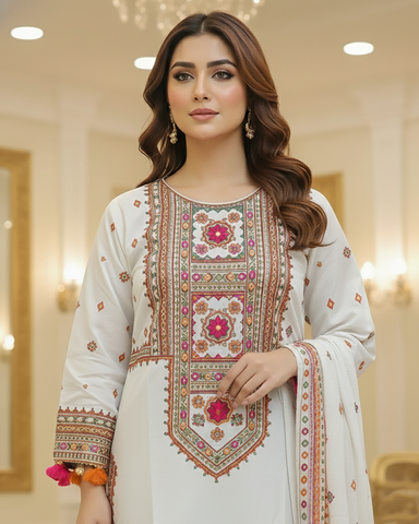 Designer Three Piece | Embroidered - Badshah Begum | Premium Khaddar
