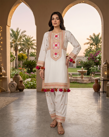 Designer Three Piece | Embroidered - Badshah Begum | Premium Plain Lawn