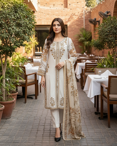 Designer Three Piece | Embroidered - Sard Raatain | Premium Winter Cotton