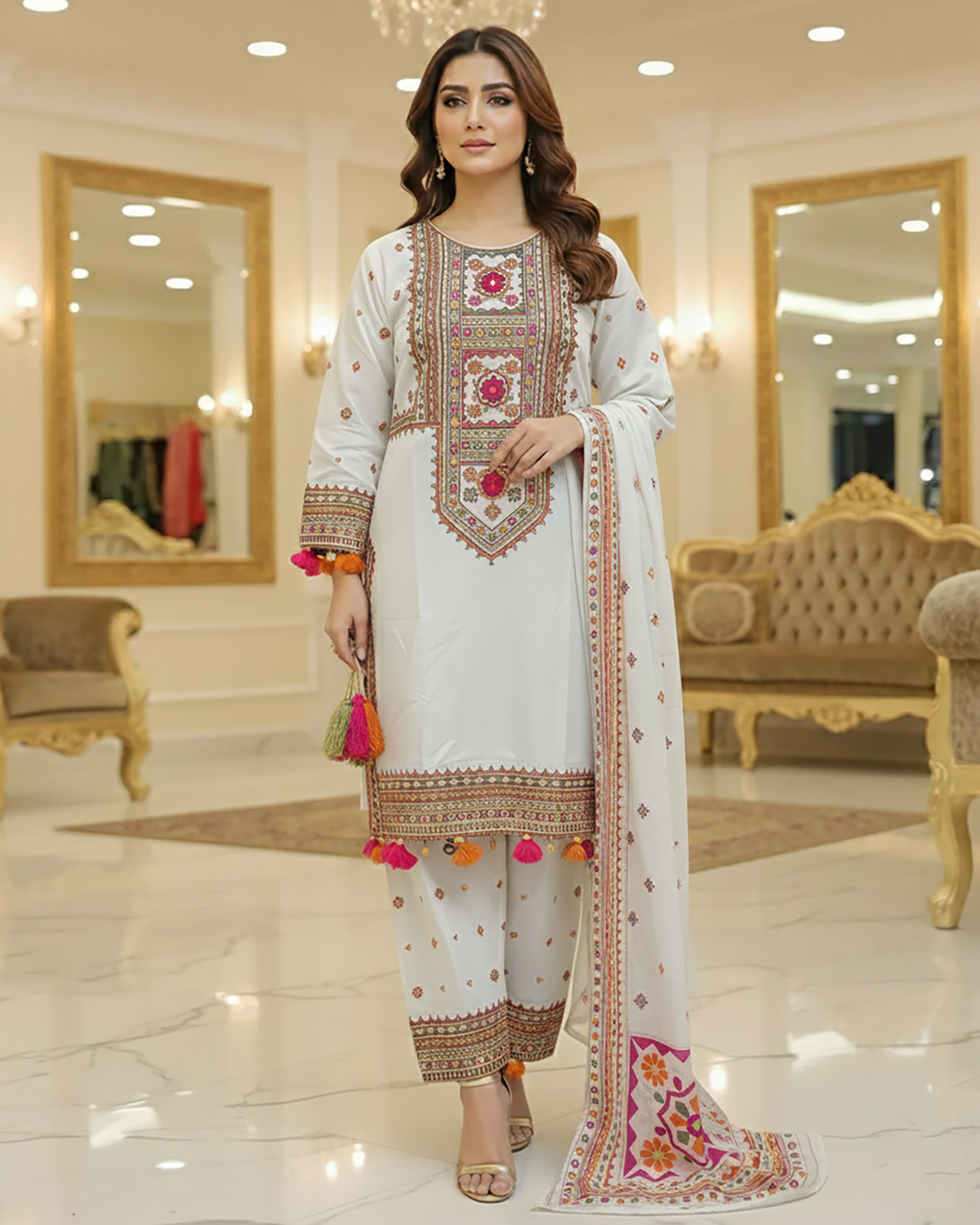 Designer Three Piece | Embroidered - Badshah Begum | Premium Plain Lawn