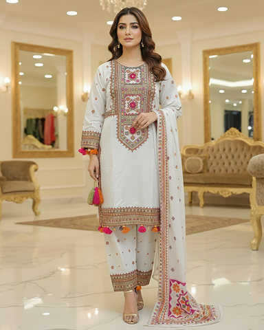 Designer Three Piece | Embroidered - Badshah Begum | Premium Khaddar
