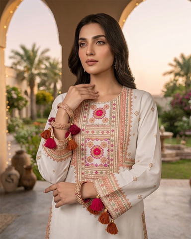 Designer Three Piece | Embroidered - Badshah Begum | Premium Plain Lawn