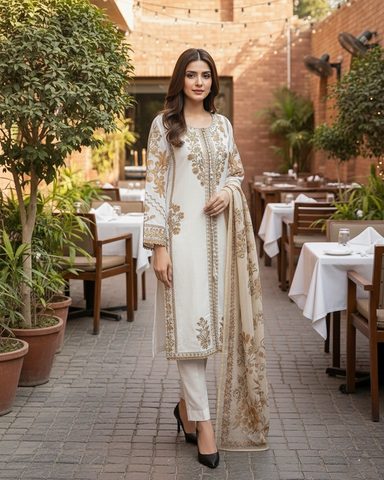 Designer Three Piece | Embroidered - Sard Raatain | Premium Winter Cotton
