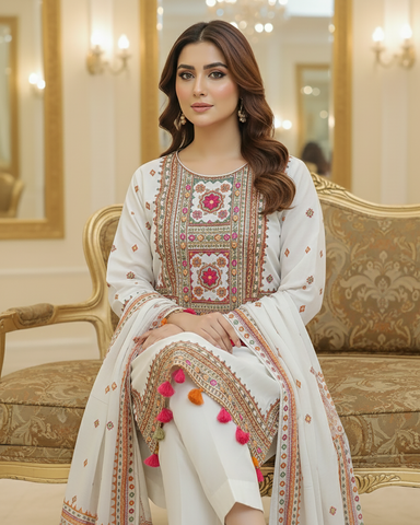 Designer Three Piece | Embroidered - Badshah Begum | Premium Khaddar