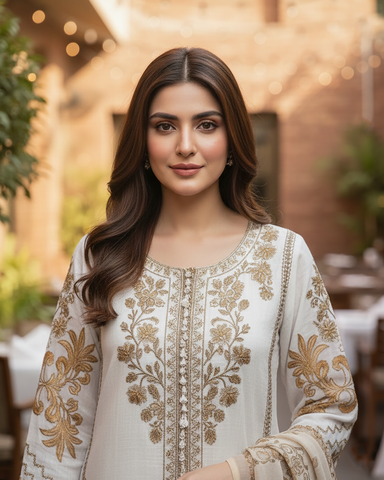 Designer Three Piece | Embroidered - Sard Raatain | Premium Winter Cotton