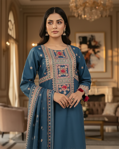 Designer Three Piece | Embroidered - Badshah Begum | Premium Plain Lawn