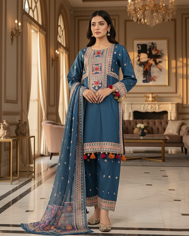 Designer Three Piece | Embroidered - Badshah Begum | Premium Plain Lawn
