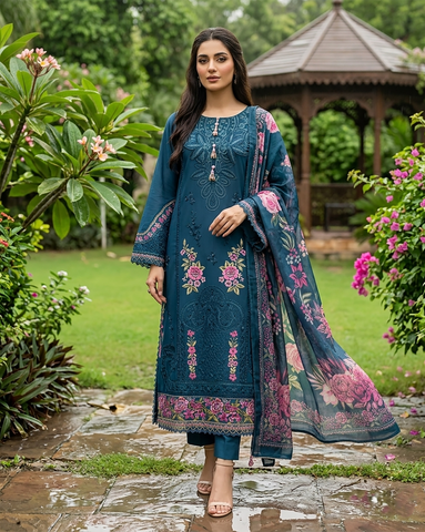Designer Three Piece | Embroidered - Zara 3D Leaves | Cotton Lawn