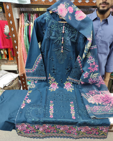 Designer Three Piece | Embroidered - Zara 3D Leaves | Cotton Lawn