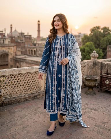 Designer Three Piece | Embroidered - Luxury Madhubala Gown | Premium Bareeze Lawn