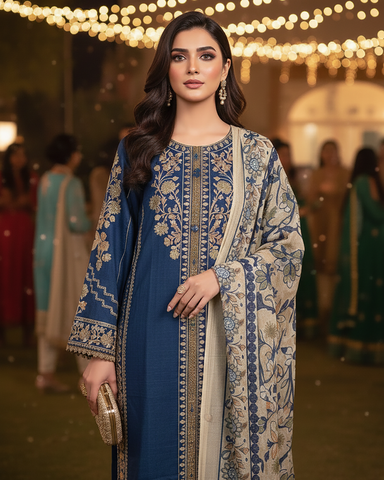 Designer Three Piece | Embroidered - Sard Raatain | Premium Winter Cotton