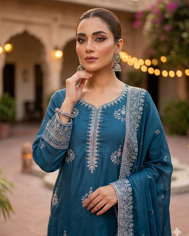 Designer Three Piece | Embroidered Handwork - Luxury Sakura | Premium Lawn