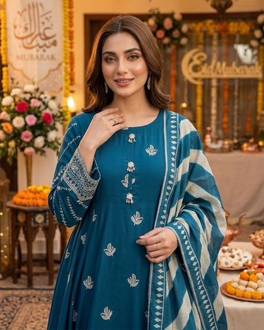 Designer Three Piece Frock | Embroidered - Anmol | Premium Lawn Cotton