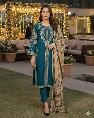 Designer Three Piece | Embroidered - Sard Raatain | Premium Winter Cotton