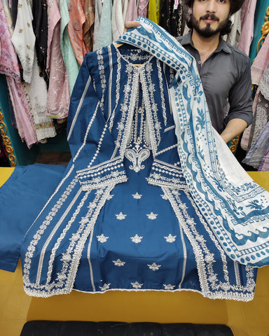 Designer Three Piece | Embroidered - Luxury Madhubala Gown | Premium Bareeze Lawn