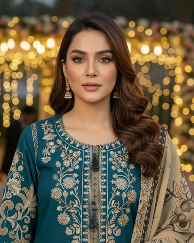 Designer Three Piece | Embroidered - Sard Raatain | Premium Winter Cotton