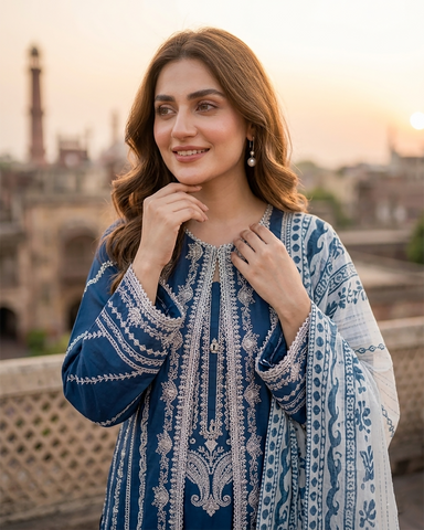 Designer Three Piece | Embroidered - Luxury Madhubala Gown | Premium Bareeze Lawn