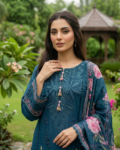 Designer Three Piece | Embroidered - Zara 3D Leaves | Cotton Lawn