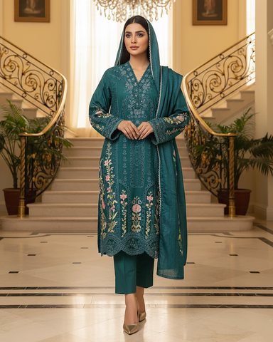 Designer Three Piece | Embroidered - Mehrmah | Premium Cotton Khaddar