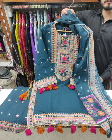 Designer Three Piece | Embroidered - Badshah Begum | Premium Plain Lawn
