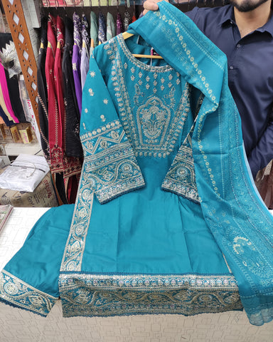 Designer Three Piece | Embroidered - Hoorain | Premium Plain Lawn