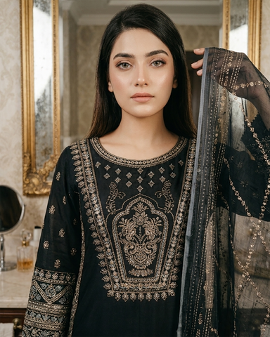 Designer Three Piece | Embroidered - Hoorain | Premium Plain Lawn