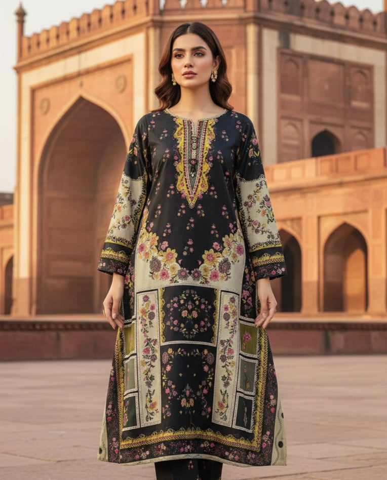 Digital Printed Three Piece | Long A/Line Shirt | Winter Khaddar