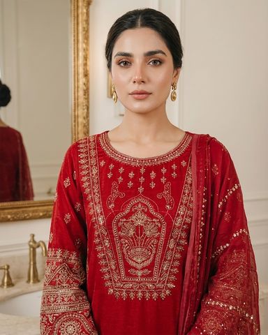 Designer Three Piece | Embroidered - Hoorain | Premium Plain Lawn